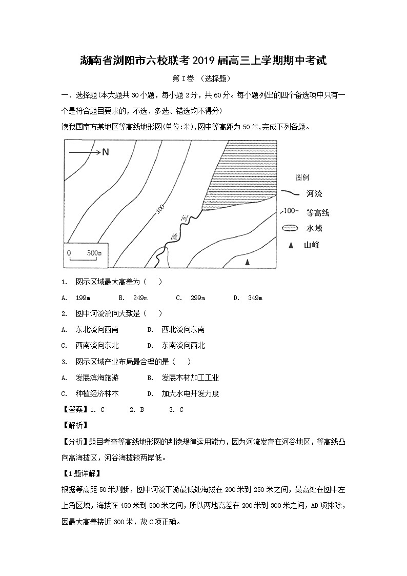 【地理】湖南省浏阳市六校联考2019届高三上学期期中考试（解析版）01
