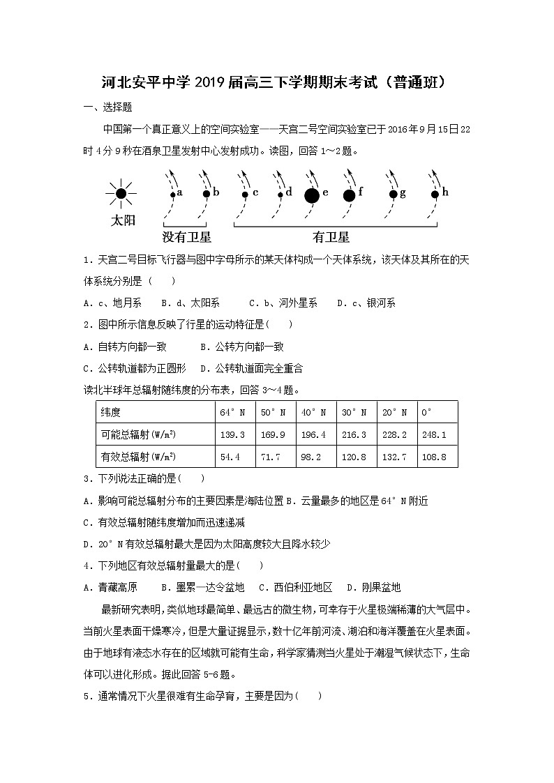 【地理】河北安平中学2019届高三下学期期末考试（普通班）01
