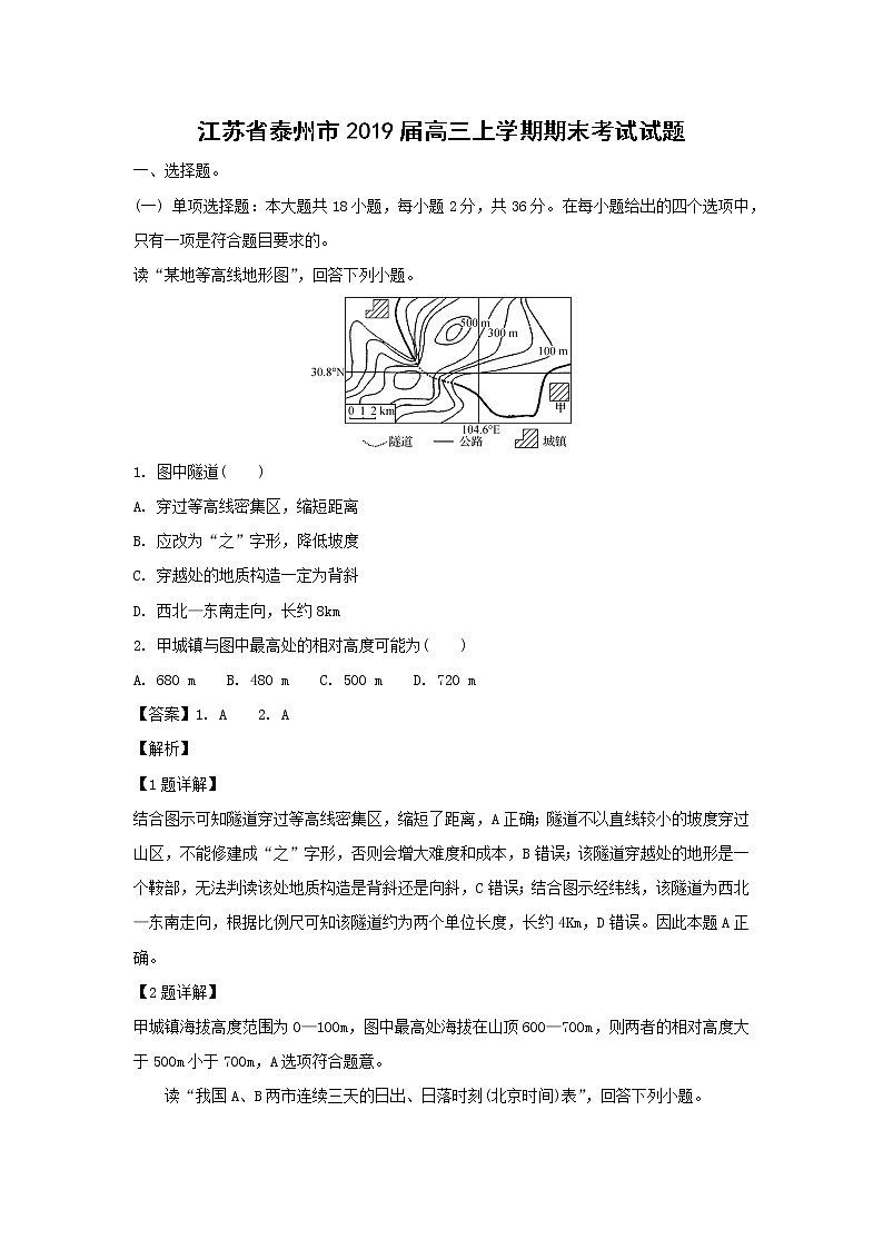 【地理】江苏省泰州市2019届高三上学期期末考试试题（解析版）01