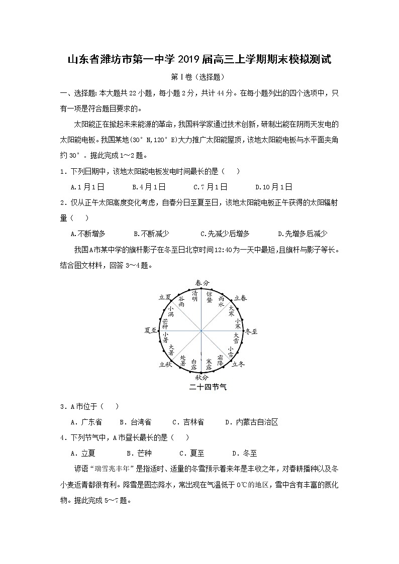 【地理】山东省潍坊市第一中学2019届高三上学期期末模拟测试01