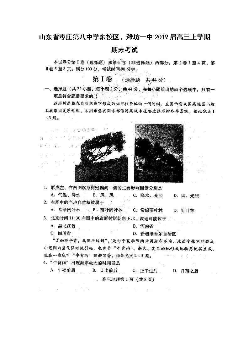 【地理】山东省枣庄第八中学东校区、潍坊一中2019届高三上学期期末考试01