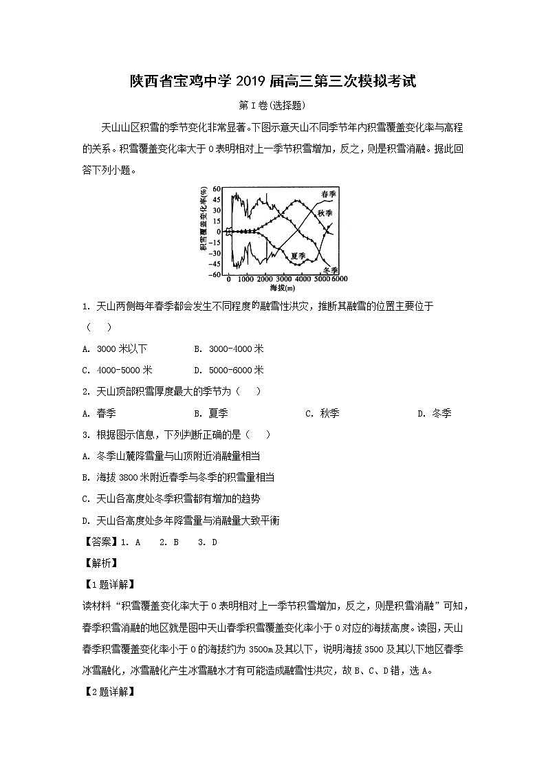 【地理】陕西省宝鸡中学2019届高三第三次模拟考试（解析版）01