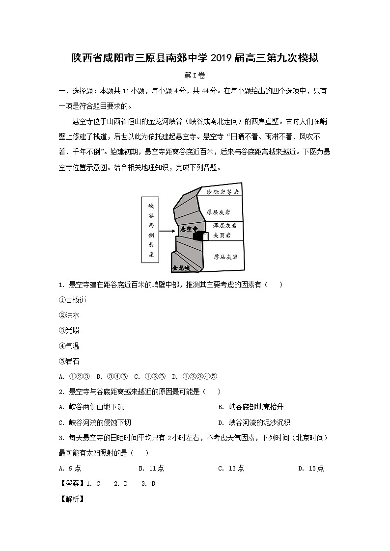 【地理】陕西省咸阳市三原县南郊中学2019届高三第九次模拟（解析版） 试卷01