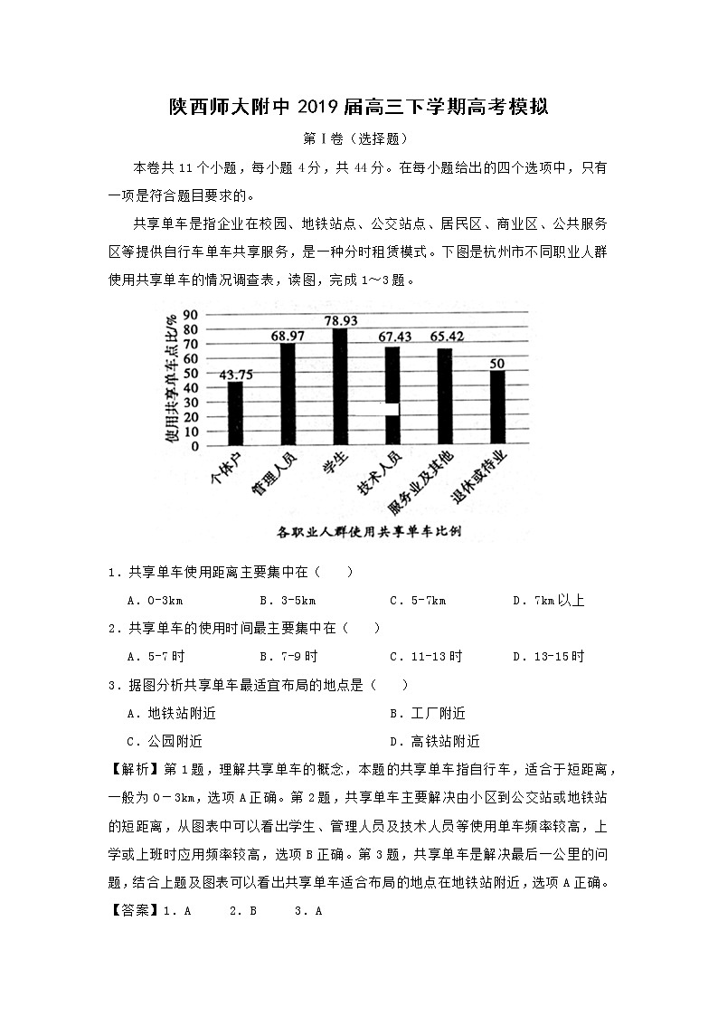 【地理】陕西师大附中2019届高三下学期高考模拟 试卷01