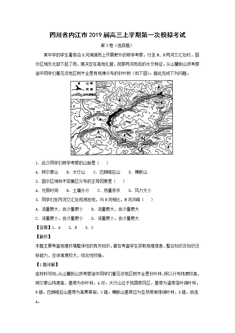 【地理】四川省内江市2019届高三上学期第一次模拟考试（解析版）01