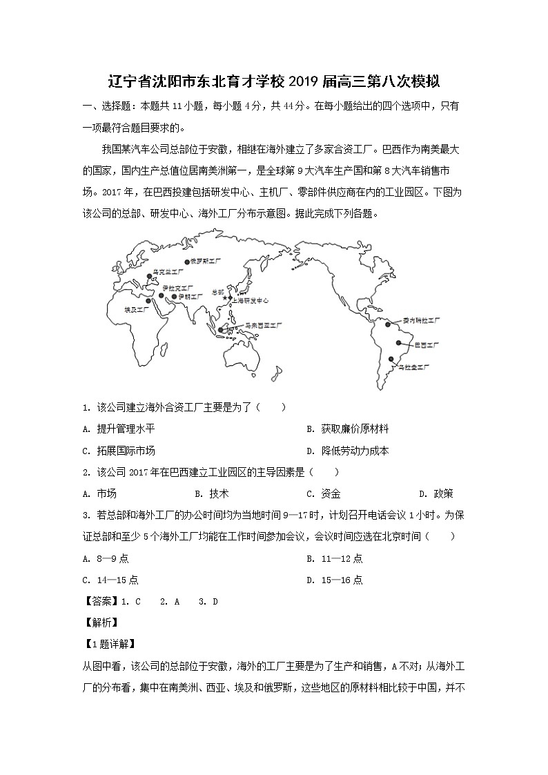 【地理】辽宁省沈阳市东北育才学校2019届高三第八次模拟（解析版） 试卷01