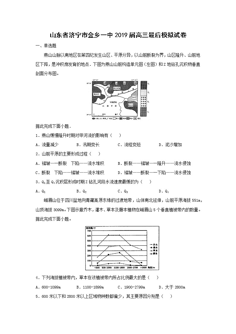 【地理】山东省济宁市金乡一中2019届高三最后模拟试卷01
