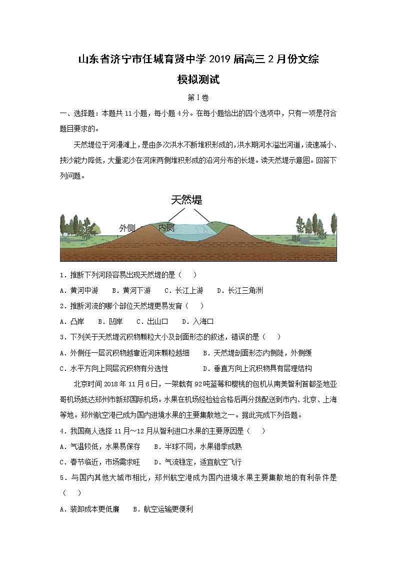 【地理】山东省济宁市任城育贤中学2019届高三2月份文综模拟测试（解析版）01