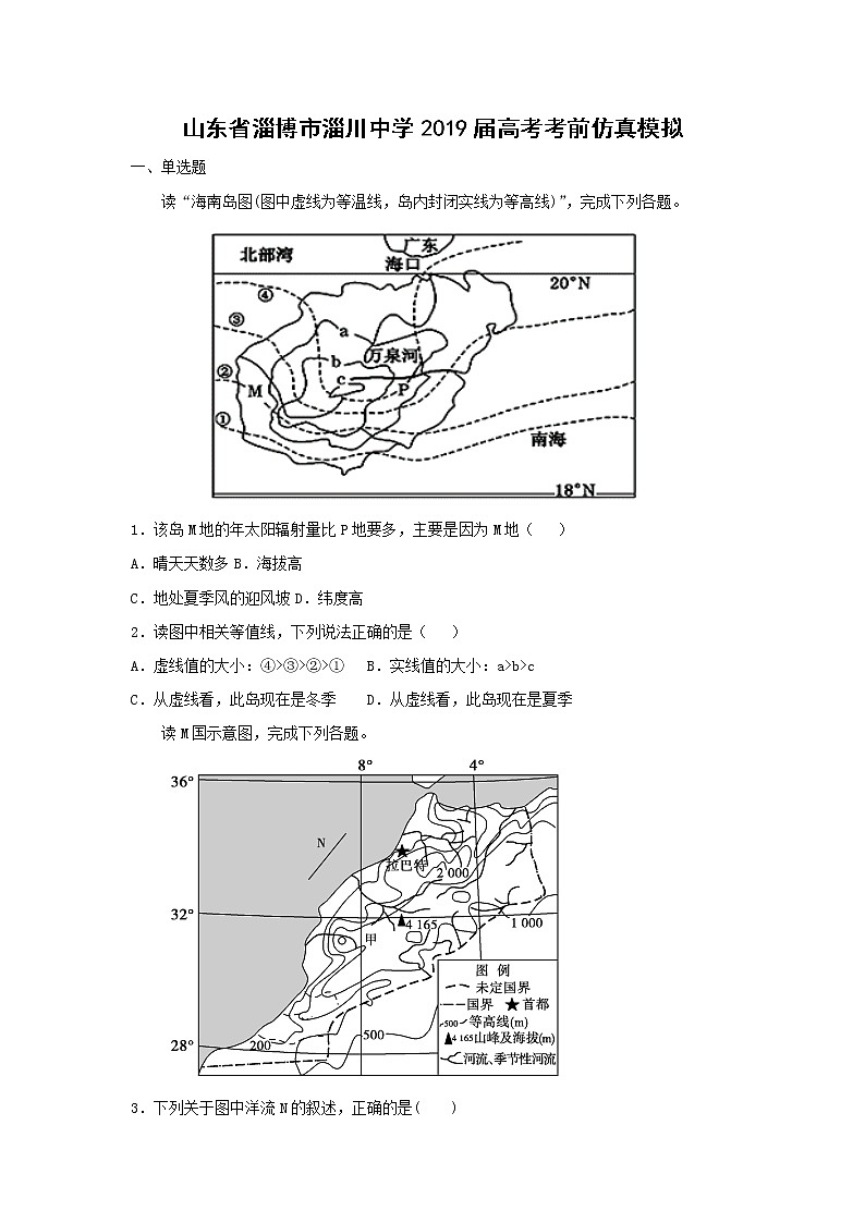 【地理】山东省淄博市淄川中学2019届高考考前仿真模拟 试卷01
