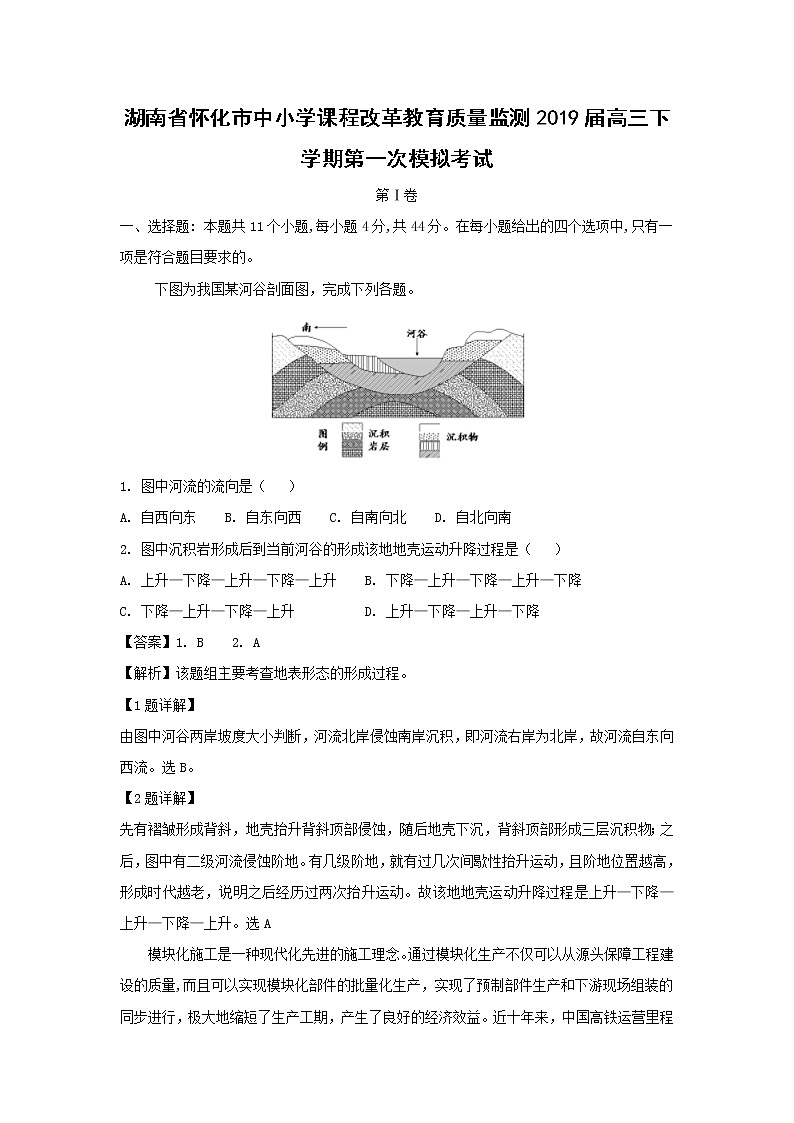 【地理】湖南省怀化市中小学课程改革教育质量监测2019届高三下学期第一次模拟考试（解析版）01