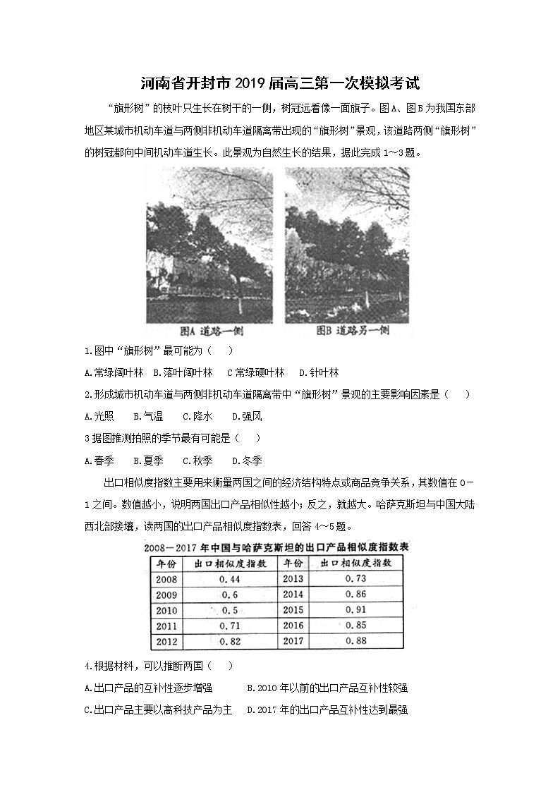 【地理】河南省开封市2019届高三第一次模拟考试01