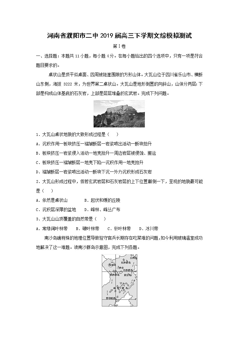 【地理】河南省濮阳市二中2019届高三下学期文综模拟测试01