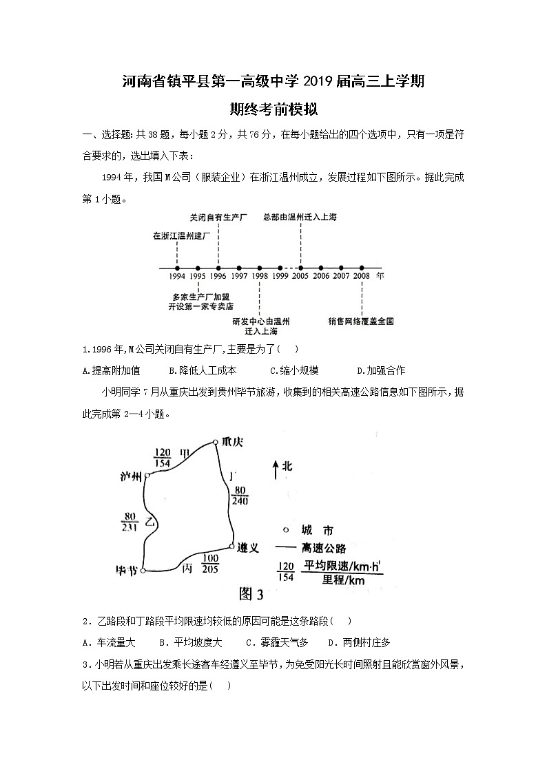 【地理】河南省镇平县第一高级中学2019届高三上学期期终考前模拟 试卷01