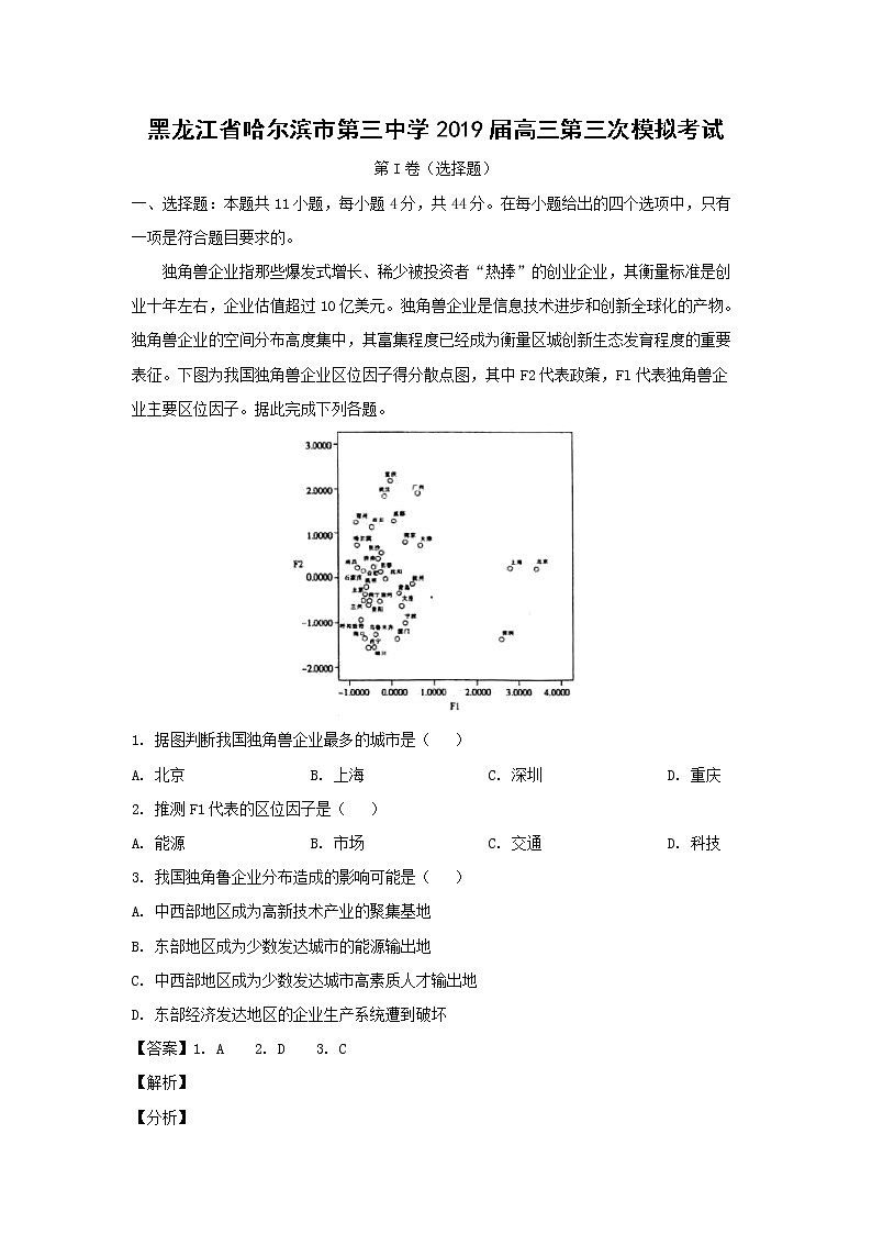 【地理】黑龙江省哈尔滨市第三中学2019届高三第三次模拟考试（解析版）01