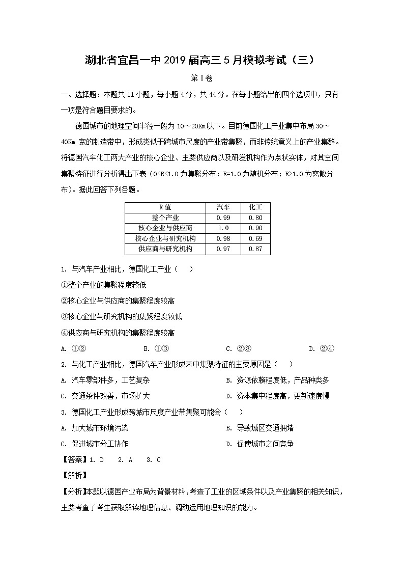 【地理】湖北省宜昌一中2019届高三5月模拟考试（三）（解析版）01