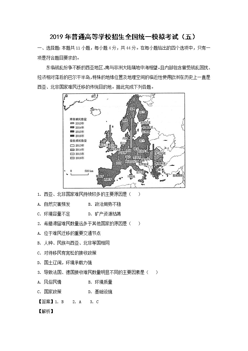 【地理】2019年普通高等学校招生全国统一模拟考试（五）（解析版）01
