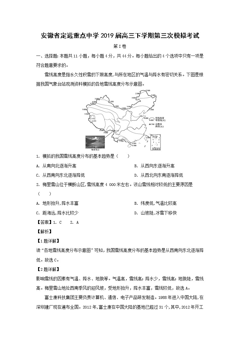 【地理】安徽省定远重点中学2019届高三下学期第三次模拟考试（解析版）第1页