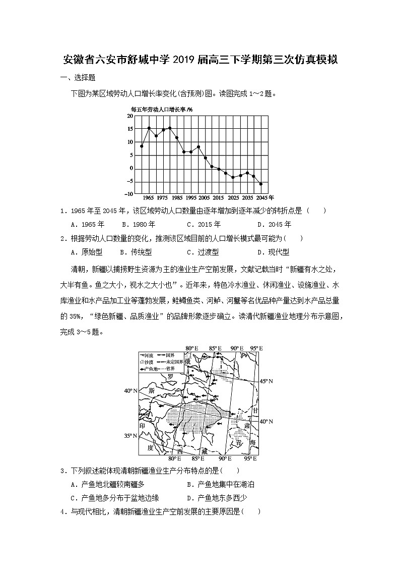 【地理】安徽省六安市舒城中学2019届高三下学期第三次仿真模拟2 试卷01
