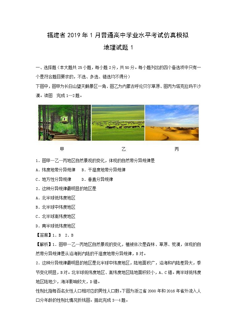 【地理】福建省2019年1月普通高中学业水平考试仿真模拟试题101