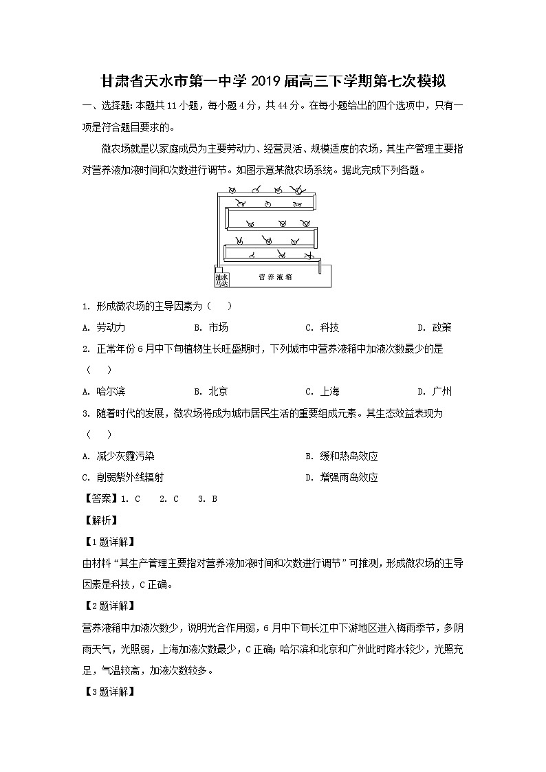 【地理】甘肃省天水市第一中学2019届高三下学期第七次模拟（解析版）第1页