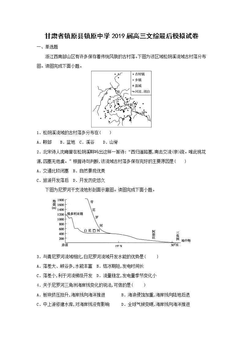 【地理】甘肃省镇原县镇原中学2019届高三文综最后模拟试卷01