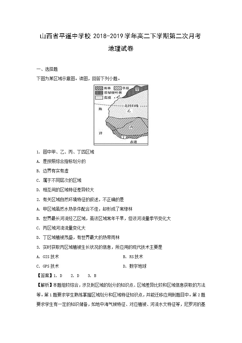 【地理】山西省平遥中学校2018-2019学年高二下学期第二次月考试卷（解析版）01