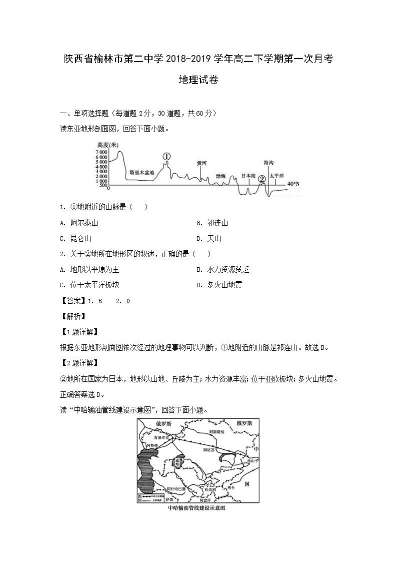 【地理】陕西省榆林市第二中学2018-2019学年高二下学期第一次月考试卷（解析版）01