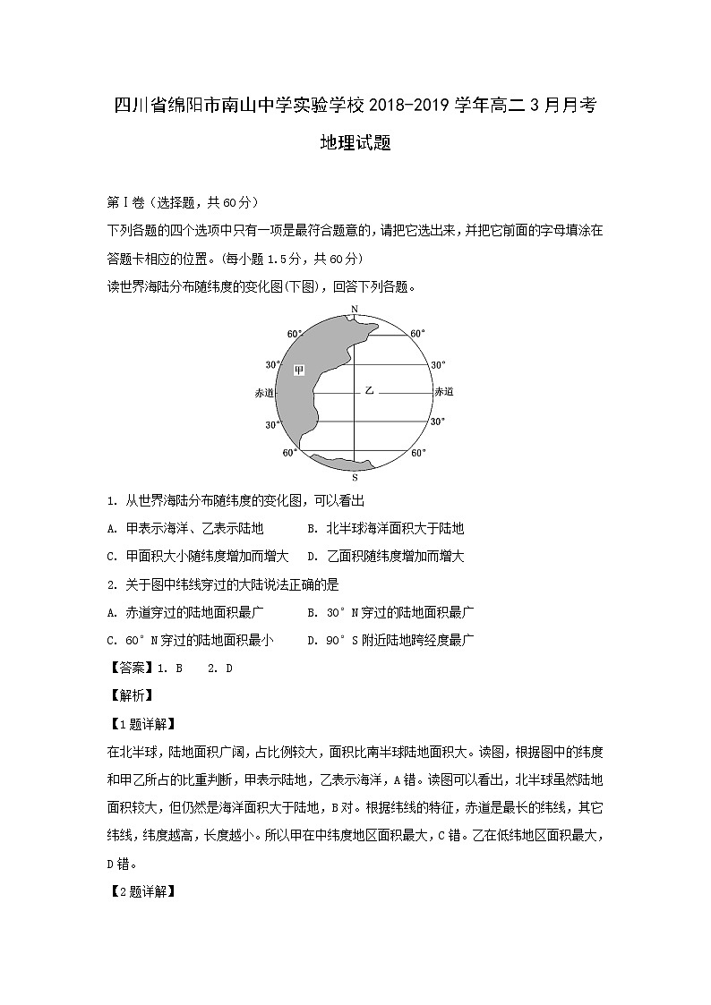 【地理】四川省绵阳市南山中学实验学校2018-2019学年高二3月月考试题（解析版）第1页