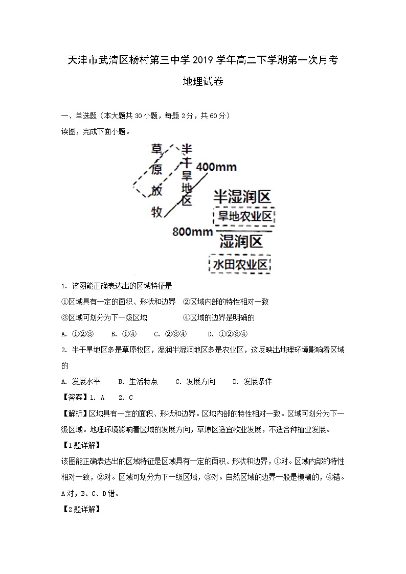 【地理】天津市武清区杨村第三中学2019学年高二下学期第一次月考试卷（解析版）01