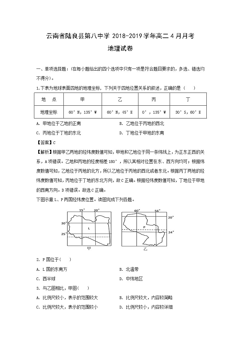 【地理】云南省陆良县第八中学2018-2019学年高二4月月考试卷（解析版）01
