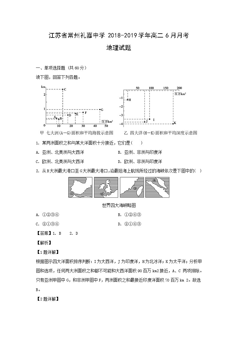 【地理】江苏省常州礼嘉中学2018-2019学年高二6月月考试题（解析版）01