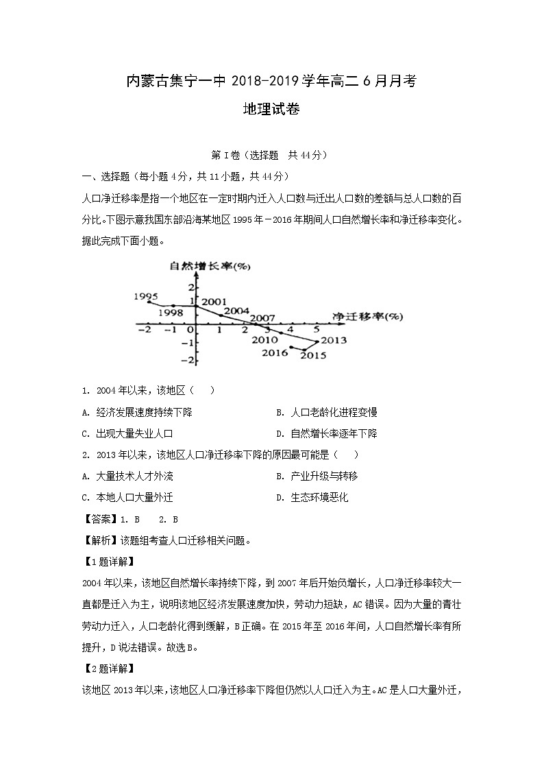 【地理】内蒙古集宁一中2018-2019学年高二6月月考试卷（解析版）01