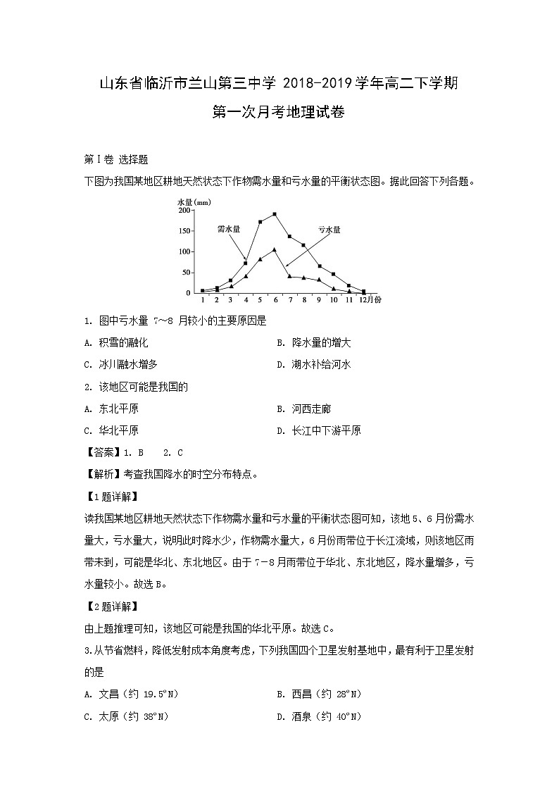 【地理】山东省临沂市兰山第三中学2018-2019学年高二下学期第一次月考试卷（解析版）01