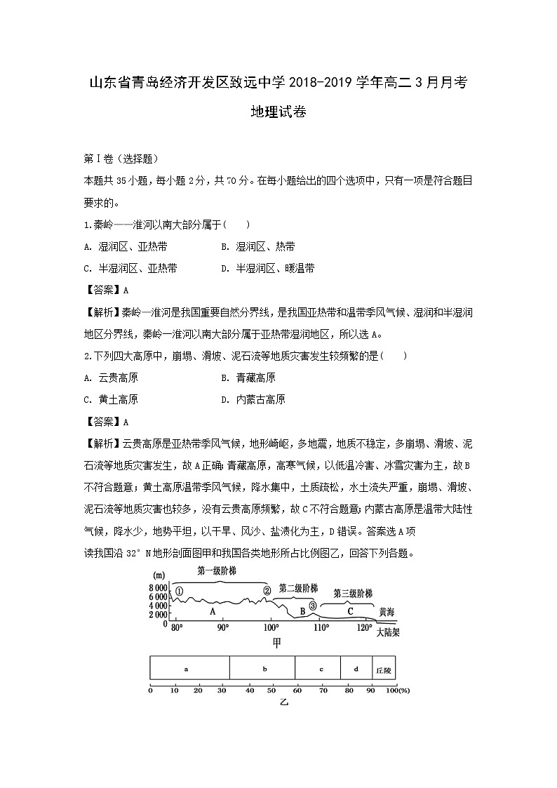 【地理】山东省青岛经济开发区致远中学2018-2019学年高二3月月考试卷（解析版）01