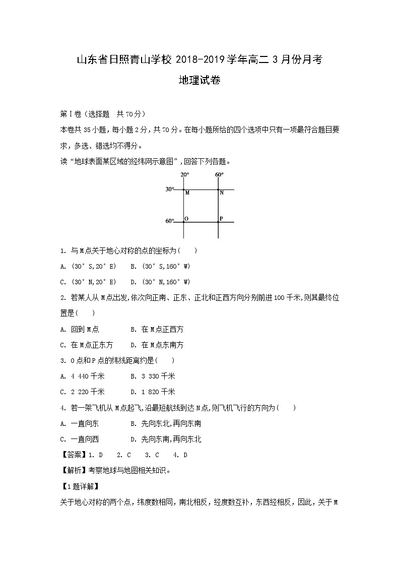 【地理】山东省日照青山学校2018-2019学年高二3月份月考试卷（解析版）01