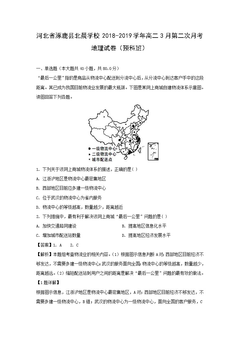 【地理】河北省涿鹿县北晨学校2018-2019学年高二3月第二次月考试卷（预科班）（解析版）01