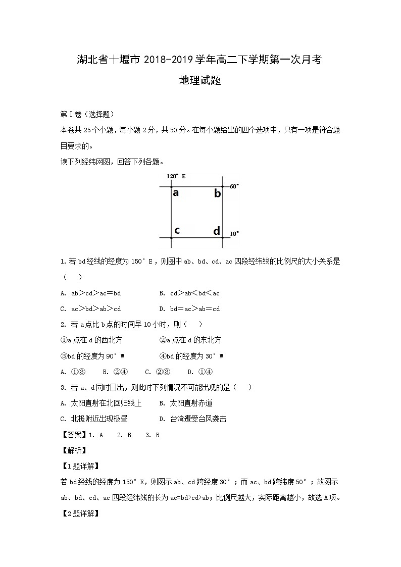 【地理】湖北省十堰市2018-2019学年高二下学期第一次月考试题（解析版）01