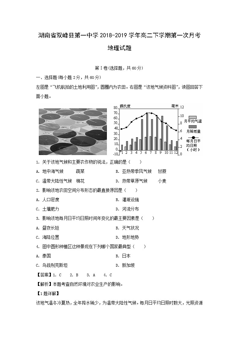 【地理】湖南省双峰县第一中学2018-2019学年高二下学期第一次月考试题（解析版）01