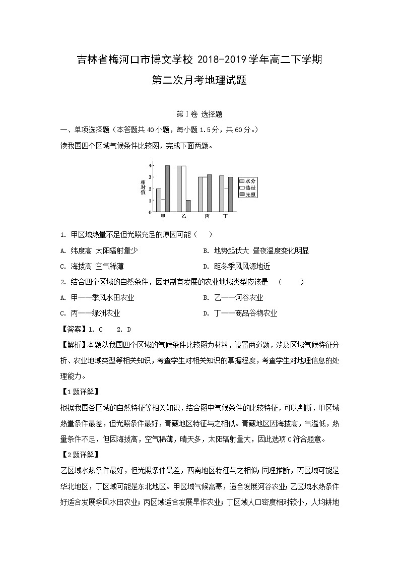 【地理】吉林省梅河口市博文学校2018-2019学年高二下学期第二次月考试题（解析版）第1页