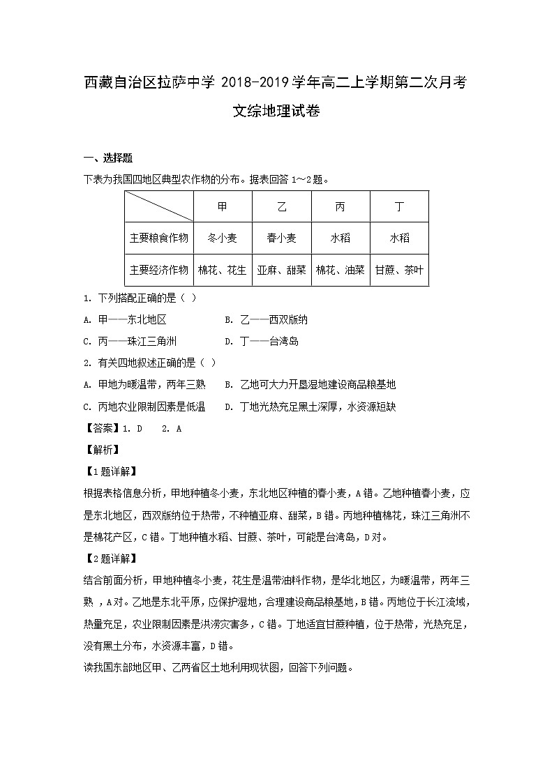【地理】西藏自治区拉萨中学2018-2019学年高二上学期第二次月考文综试卷（解析版）201