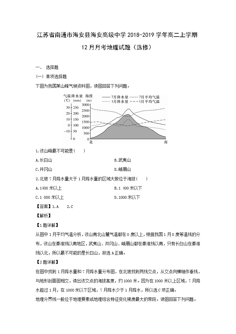 【地理】江苏省南通市海安县海安高级中学2018-2019学年高二上学期12月月考试题（选修）（解析版）01