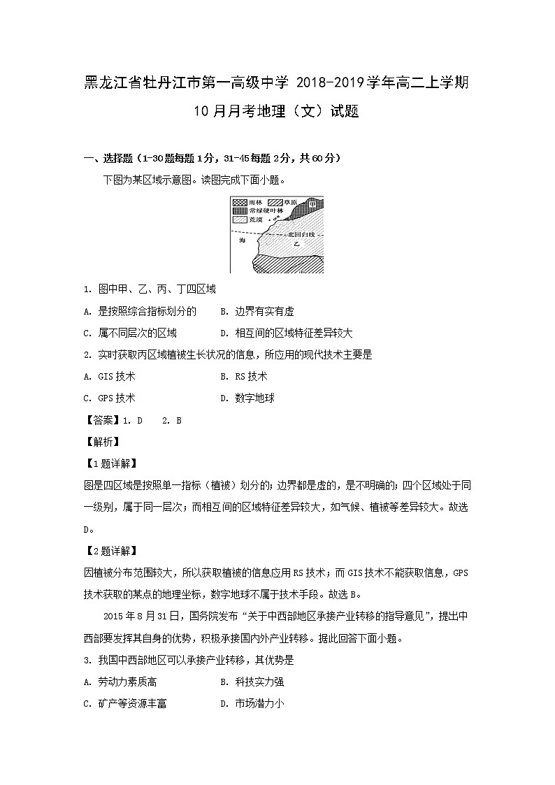 【地理】黑龙江省牡丹江市第一高级中学2018-2019学年高二上学期10月月考（文）试题（解析版）01