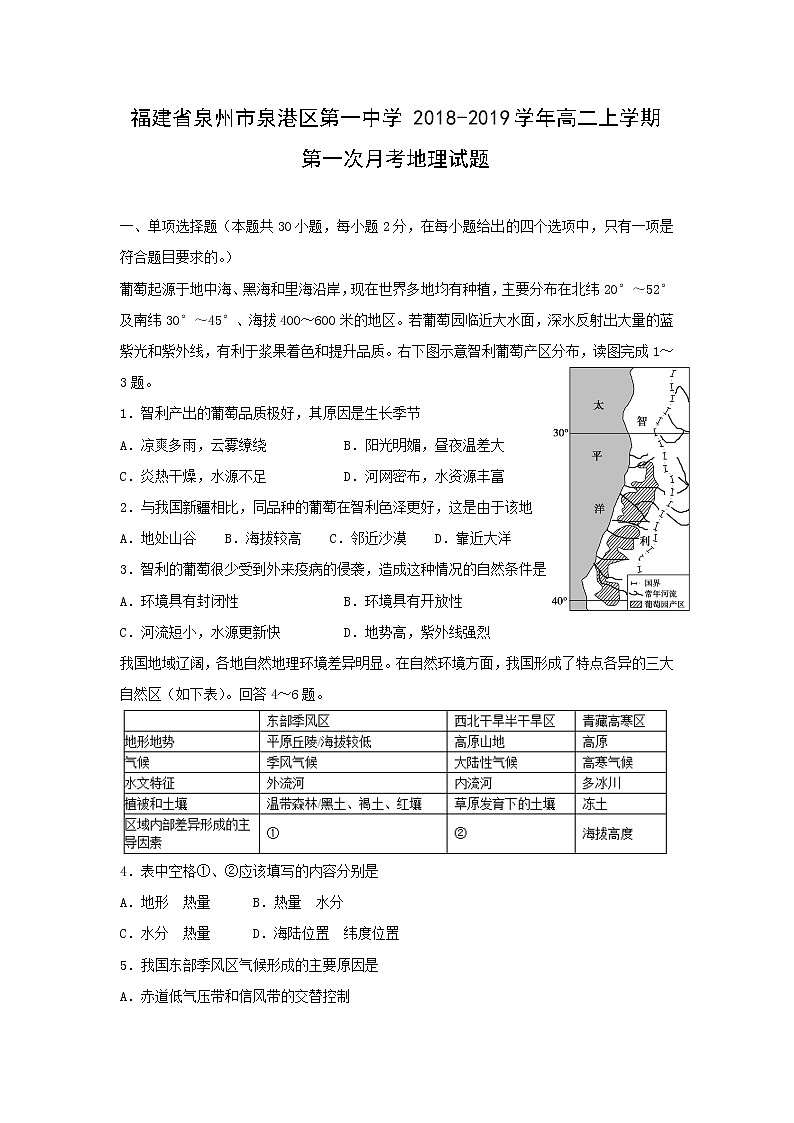 【地理】福建省泉州市泉港区第一中学2018-2019学年高二上学期第一次月考试题01