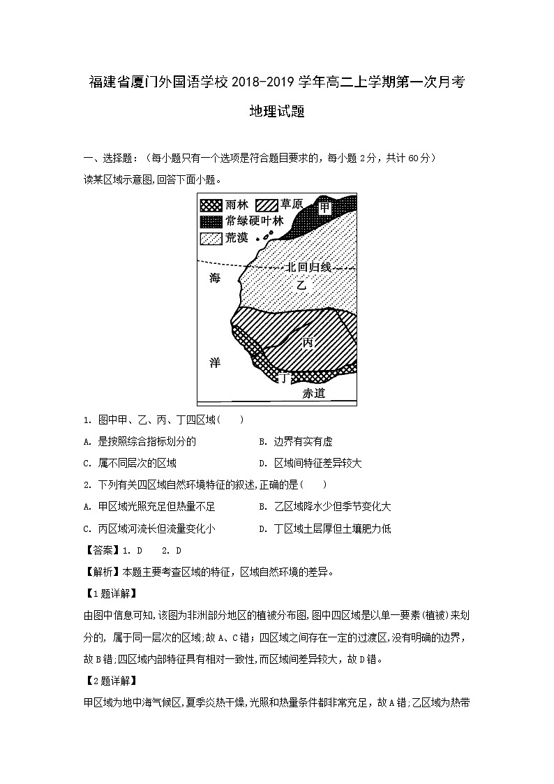 【地理】福建省厦门外国语学校2018-2019学年高二上学期第一次月考试题（解析版）01