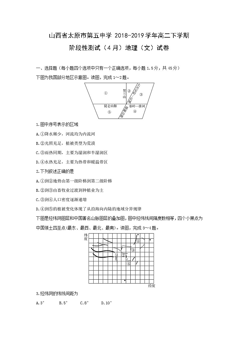 【地理】山西省太原市第五中学2018-2019学年高二下学期阶段性测试（4月）（文）01
