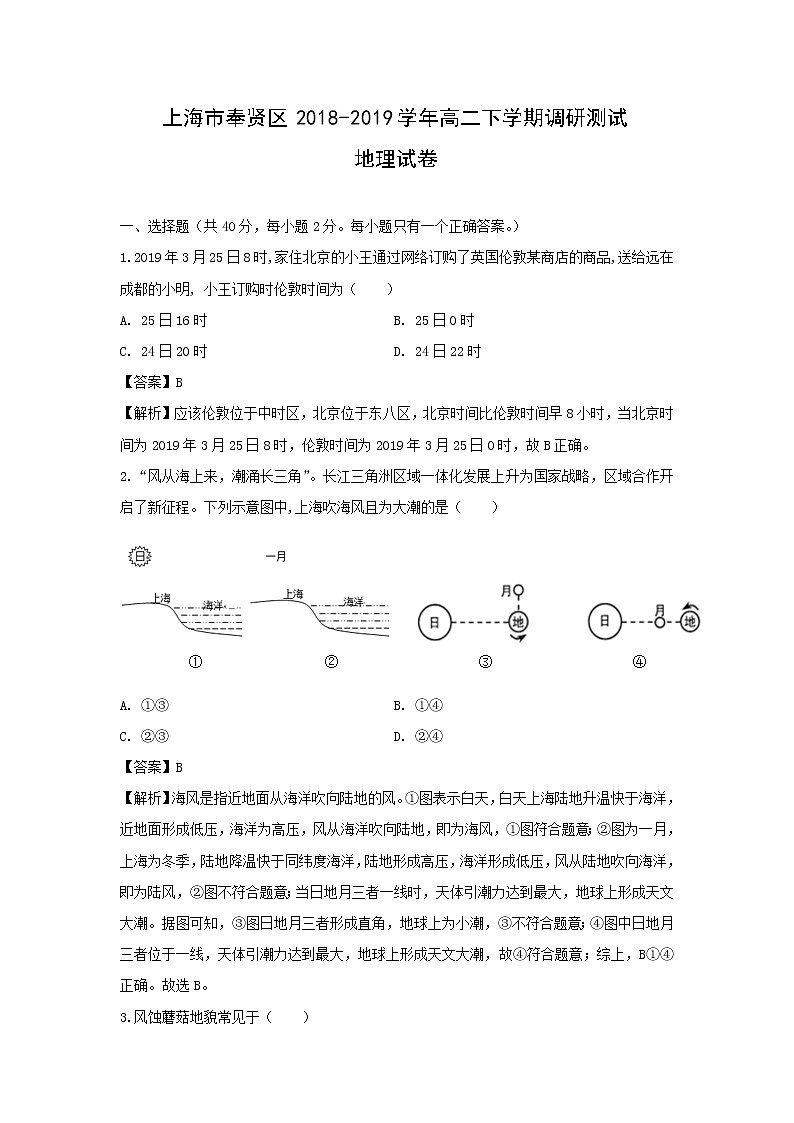 【地理】上海市奉贤区2018-2019学年高二下学期调研测试试卷（解析版）第1页