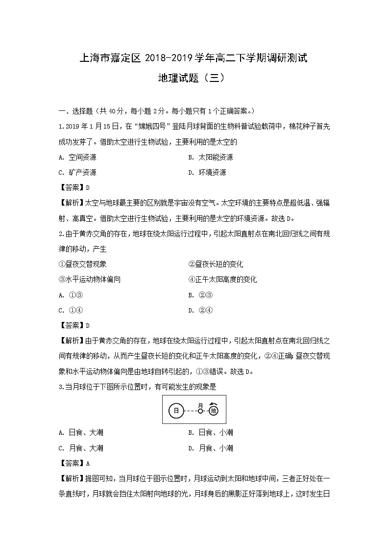 【地理】上海市嘉定区2018-2019学年高二下学期调研测试试题（三）（解析版）第1页