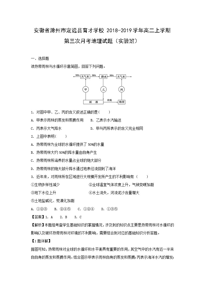 【地理】安徽省滁州市定远县育才学校2018-2019学年高二上学期第三次月考试题（实验班）（解析版）01