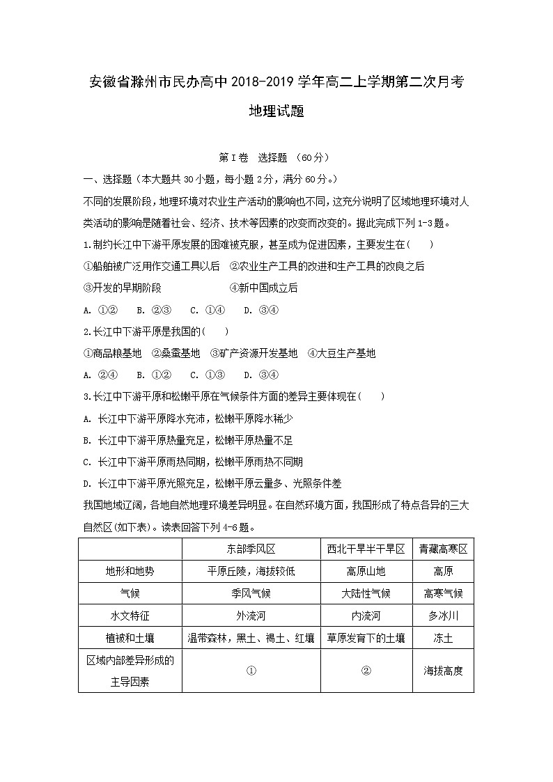 【地理】安徽省滁州市民办高中2018-2019学年高二上学期第二次月考试题01
