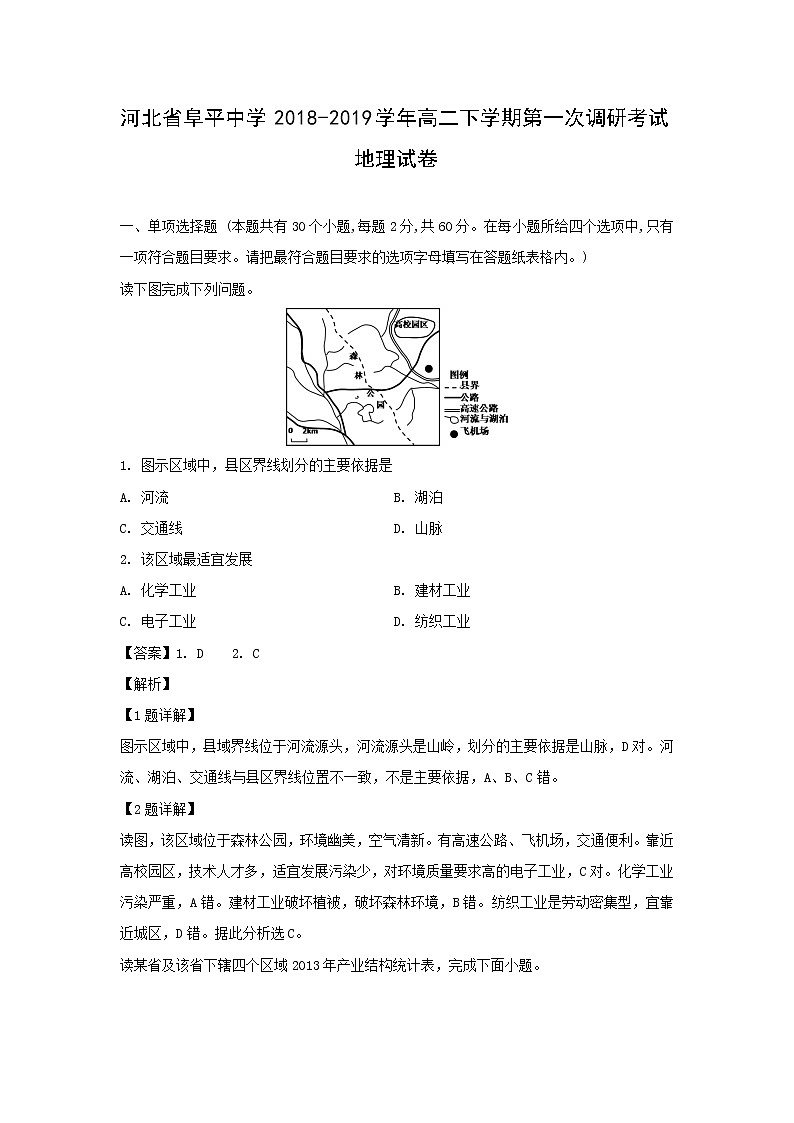 【地理】河北省阜平中学2018-2019学年高二下学期第一次调研考试试卷（解析版）01